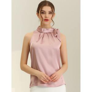 Женская элегантная атласная однотонная рабочая блузка без рукавов с галстуком-бабочкой и воротником-стойкой ALLEGRA K, черный