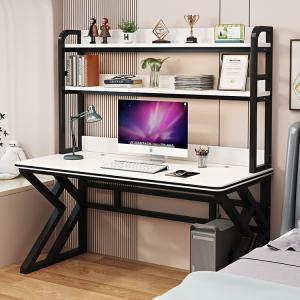 Компьютерный стол Xinmeikai с полками 160x60x170 см, черная рама + белая полосатая столешница