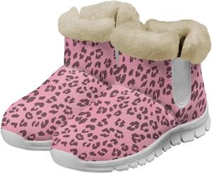 Gekhuqory Женские зимние снегоходные сапоги с принтом коровы и леопарда, теплые, с нескользящей подошвой, короткие ботильоны с меховой отделкой, удобные плюшевые сапоги с меховой подкладкой для путешествий и походов