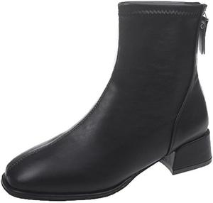 Женские ботинки на толстом каблуке осенние короткие ботинки простые модные сзади на молнии MATERUIEYES, Black