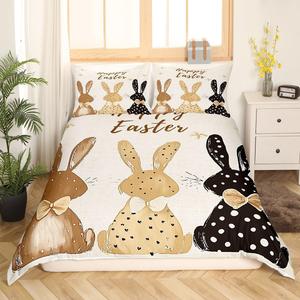 Erosebridal Комплект постельного белья Happy Easter с мультяшными кроликами и морковками, ручная роспись, Brown Black White