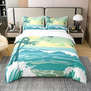 Erosebridal Комплект постельного белья из 100% хлопка с тропическим принтом океана пальм и волн в синих тонах для летнего сезона, Blue Green Yellow