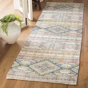 Ковер SAFAVIEH, 69 x 115 см, Saffron Collection, Cream & Blue, ручной работы, бохо-шик, потертый хлопок, идеально для помещений с высокой проходимостью: прихожая, гостиная, спальня (SFN567A)