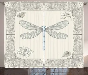 Штора ABAKUHAUS Стрекоза в деревенском стиле, лепестки королевской розы, универсальная ленточная штора для гостиной с петлями и крючками, 280 x 245 см, цвет: черный, бледно-голубой Abakuhaus