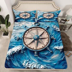Erosebridal Детский комплект постельного белья в морском стиле с принтом океанских волн и компаса, Blue Brown White