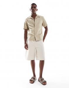 Текстурированная рубашка ONLY & SONS с воротником-стойкой бежевого цвета