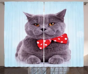 Штора ABAKUHAUS Кошка в деревенском стиле, серая, шотландская вислоухая, универсальная, для гостиной, с петлями и крючками, 280 x 225 см, разноцветная