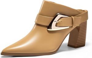 Женские мюли-ботильоны Coutgo с массивным каблуком, заостренным носком, без застежки, с пряжкой и декоративным украшением, Khaki