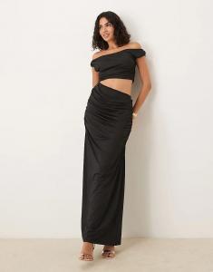 Платье макси SNDYS премиум-класса с асимметричной драпировкой и вырезом на плечах, черное