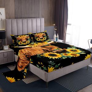 Erosebridal Комплект постельного белья Highland Cattle с принтом коров и подсолнухов в черно-коричневых тонах, Multi 20