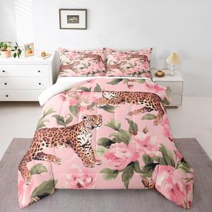 Erosebridal Комплект постельного белья Flower Leopard Print с розово-зеленым цветочным принтом в стиле сафари, Pink Brown