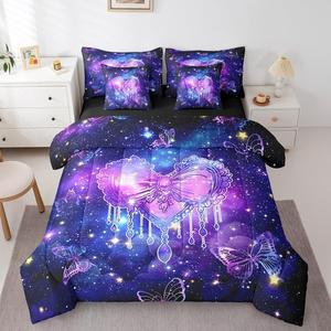 Erosebridal Комплект постельного белья Glitter Love Heart Print с градиентными бабочками и звездным небом, Yellow Purple Blue