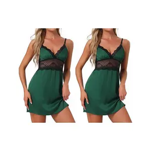 2 шт женское атласное белье шелковая ночная сорочка кружевной бэбидолл слип ночная рубашка свадебный халат пижамное платье Inspire Chic, Green