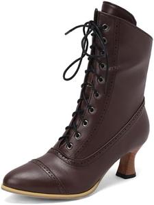 Generic Женские ботильоны ретро, средние по голени, викторианские ботинки, заостренный носок, черные короткие ботильоны с низким каблуком, винтажные на шнуровке, ботинки в стиле ведьмы или рыцаря, зимняя мода, офисные, для танцев, костюмные туфли