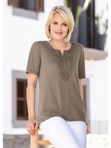 Короткий размер: футболка с кружевом, рубашка с круглым вырезом и вязаным крючком кружевом цвета мокко GOLDNER