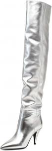 Женские ботфорты XYD с высокими голенищами, средний каблук-конус, выше колена, эластичные, с острым носком, модные свободные зимние теплые длинные ботильоны, Silver Metallic