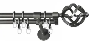 Карниз GARESA "РУСТИКА", 2 направляющие, желаемая длина, комплект штор в стиле рустик, выдвижной, с кольцами, торцевая корзина для пуговиц 160 см, Ø16мм, цвет graphit