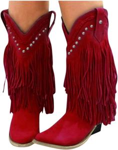 Женские винтажные ковбойские сапоги в западном стиле с широким голенищем, для верховой езды, с низким каблуком, бахромой, заостренным носком, зимние сапоги, сапоги на подъем с высоким голенищем KOSEXMA, Red