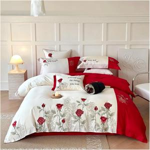 UOIO Комплект постельного белья UOIO свадебный египетский хлопок красный V-intage розы вышивка Flat Bed Sheet