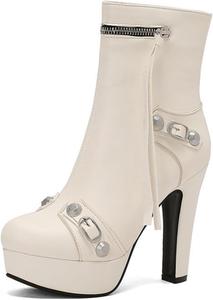 Женские ботильоны на платформе Aflngle с круглым носком, боковой молнией, массивным высоким каблуком, короткие, модные с заклепками и пряжкой, панк-мотоциклетные ботинки, White