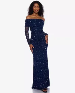 Вечернее платье с декором и открытыми плечами Juniors B Darlin, синий