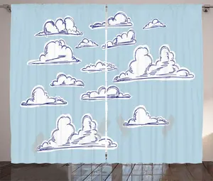 Штора ABAKUHAUS "Голубое небо в деревенском стиле", эскиз "Пушистые облака", универсальная ленточная штора для гостиной с петлями и крючками, 280 x 225 см, цвет "Бледно-голубой с белым" Abakuhaus