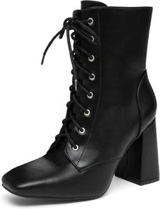Женские ботильоны NEWBELLA с квадратным носком - ботинки на шнуровке с массивным каблуком и боковой молнией, минималистичные повседневные ботинки из искусственной кожи для повседневной носки, Black