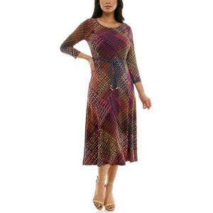 Женское платье миди Sylvia с рукавами три четверти и поясом Nina Leonard, цвет navy crimson