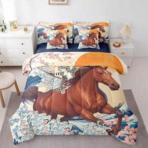 Erosebridal Комплект постельного белья Funny Anime с японской сакурой и морскими животными, Beige Navy Brown