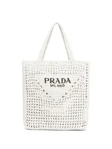 Сумка-тоут из рафии с логотипом Prada, белый
