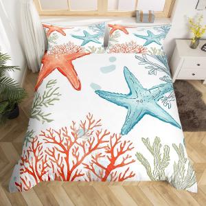 Erosebridal Комплект постельного белья Starfish Coral с морским принтом и подводным миром, включает 2 наволочки, Orange,blue,white