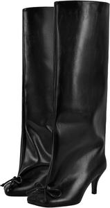 Женские сапоги выше колена LISHAN с квадратным носком, бантом, на низком каблуке, свободного кроя, Black