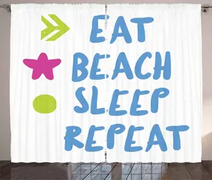 Шторы ABAKUHAUS в деревенском стиле с надписью Eat Beach Sleep, повторяющимся текстом, присборенные шторы из тесьмы для спальни с петлями и крючками, 280 x 245 см, разноцветные, белые Abakuhaus