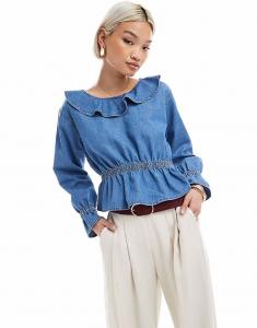 Топ Miss Selfridge из шамбре с оборками и баской, цвет средневыстиранный