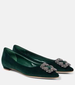 Бархатные балетки с декором Hangisi Manolo Blahnik, цвет 3011 dgrn