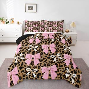 Erosebridal Комплект постельного белья Girls Pink Bow King с леопардовым принтом и бантами, розовый кокетливый дизайн, дышащий материал, Pink Brown