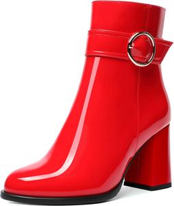 Женские ботильоны NUMALEO из лакированной кожи с повседневной молнией, для свиданий, с ремешком на щиколотке, круглым носком, пряжкой, массивным каблуком 3,3 дюйма, Red