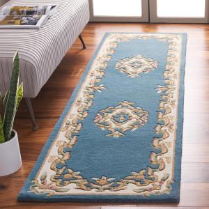 Ковер SAFAVIEH, 69 x 244 см, Aubusson Collection, Blue/Ivory, геометрический рисунок, идеален для помещений с высокой проходимостью в гостиной, спальне, столовой (AUB301M)