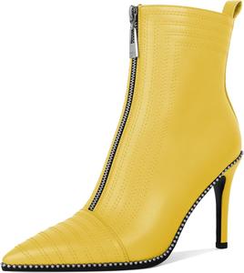 Женские модные ботильоны AUMOTED с заостренным носком, сексуальные на молнии, с украшением из бисера, вечеринка, вышивка, на высоком каблуке 3,7 дюйма, Matte Yellow