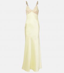 Атласное макси-платье с кружевной отделкой от Christopher Kane Self-Portrait, желтый
