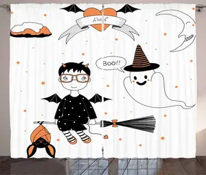 Штора ABAKUHAUS "Привидение" в деревенском стиле, ведьма, летящая на метле, универсальная тесьма для гостиной с петлями и крючками, 280 x 225 см, оранжевый, белый и черный Abakuhaus