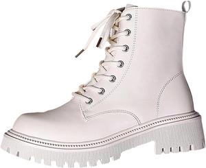 Женские осенне-зимние боевые ботинки, с массивным низким каблуком, подошвой с протектором, короткие ботильоны на шнуровке и молнии, водонепроницаемые кожаные боевые ботинки Generic, Beige