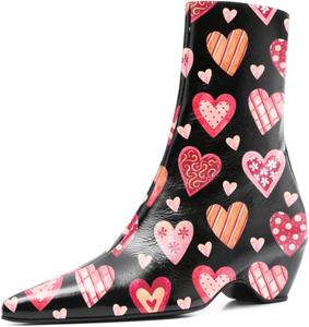 Женские модные ботильоны с острым носком, боковой молнией, низким квадратным каблуком, стильные для вечеринок, мероприятий и на каждый день, размеры 4-16 US Wansseny, Peach Heart Print