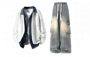 Повседневная спортивная одежда Unisex с лацканом Lapel Moderate X1617, белый top+синий pants