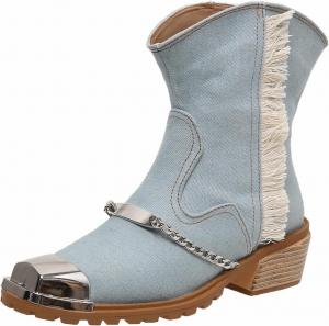 Джинсовые ковбойские ботильоны с квадратным стальным носком и массивным каблуком MissHeel, Denim