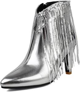 Женские платьевые ботильоны с заостренным носком, бахромой, на высокой шпильке с молнией, для свадьбы или вечеринки, короткие ботинки с кисточками JOEUSTY, Silver
