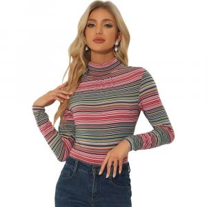 Женские водолазки с длинными рукавами, эластичная тонкая клетчатая рубашка для вечеринок ALLEGRA K, цвет Red Striped