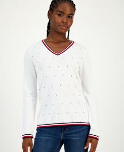Женский хлопковый свитер с V-образным вырезом и декоративными вставками Tommy Hilfiger, Ivory Multi