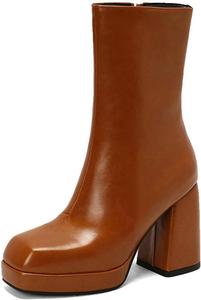 Женские ботильоны на платформе средней высоты с квадратным носком, массивным высоким каблуком, боковой молнией, модные короткие эластичные ботинки JMdfcqer, Brown