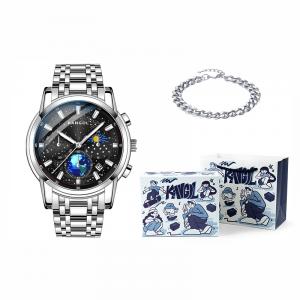 KANGOL Часы Trendy Time Steel Heart Black Warrior Quartz Movement Stainless Steel Watchband Watch Men's Watch Black Dial, Starry Black Steel Band Style[Hip-Hop Box]